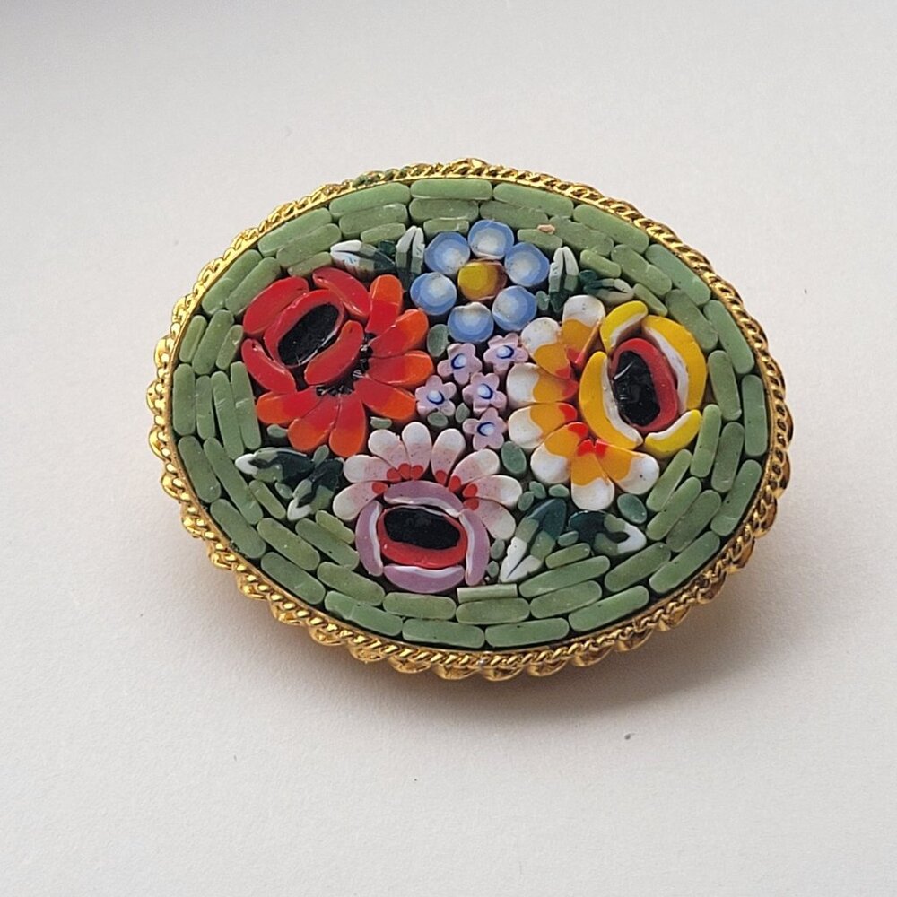 Micro Mosaic Italy Brooch Vtg Signed Green Gold Filigree Floral Flowers Ornate